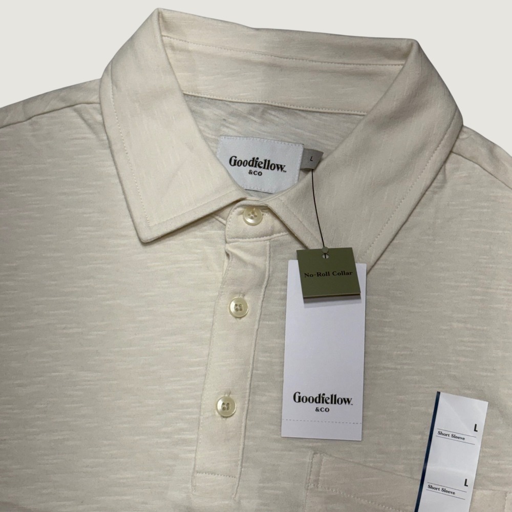 Goodfellow & Co Polo Shirt Men Large Beige Slub Cotton No-Roll Collar Pocket NEW